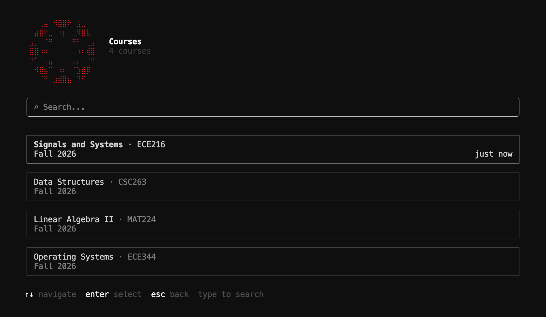 The Courses picker listing four courses with their codes and term.