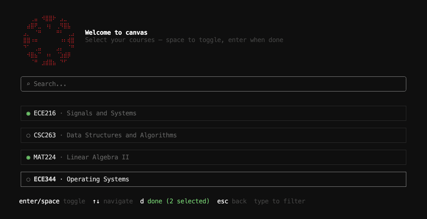 The first-run course picker titled Welcome to canvas, with two of four courses selected and a footer reading d done (2 selected).