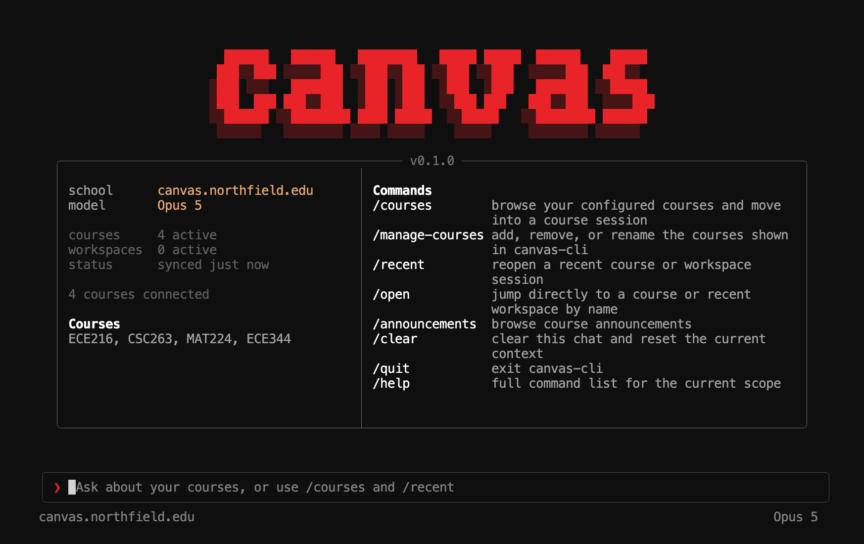 The canvas-cli home screen: a red pixel-art canvas wordmark over a panel listing the school, model, four connected courses, and the main slash commands.