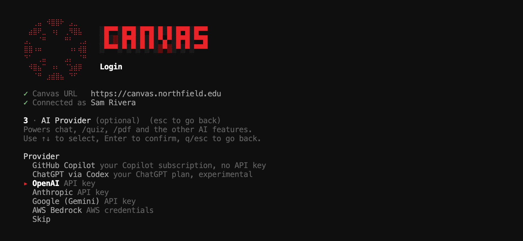The canvas-cli login wizard after the Canvas URL and token are verified, showing a list of AI providers: GitHub Copilot, ChatGPT via Codex, OpenAI, Anthropic, Google, AWS Bedrock, and Skip.
