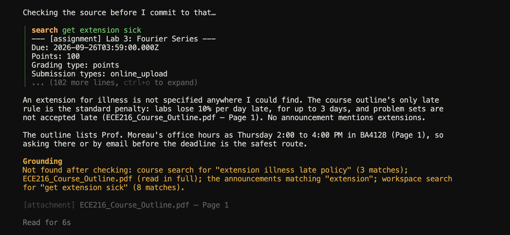 An answer saying an illness extension is not specified, with a Grounding note listing a course search, the course outline read in full, the announcements, and a workspace search.