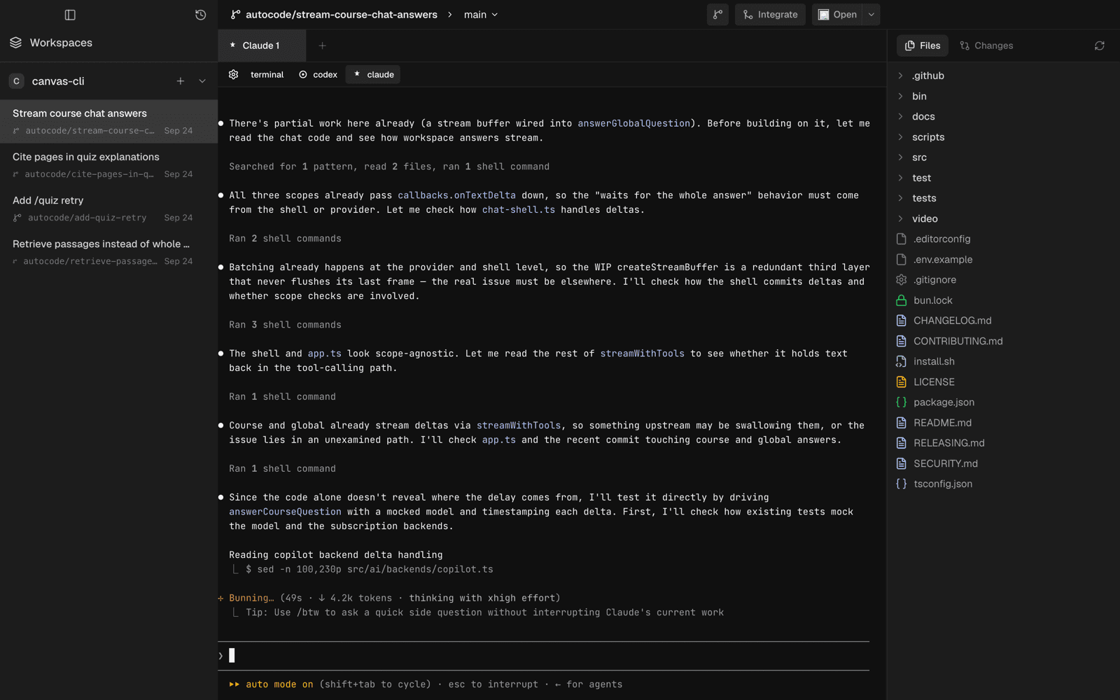 Autocode with a Claude Code session working inside the Stream course chat answers task, beside the task list and the worktree's files.