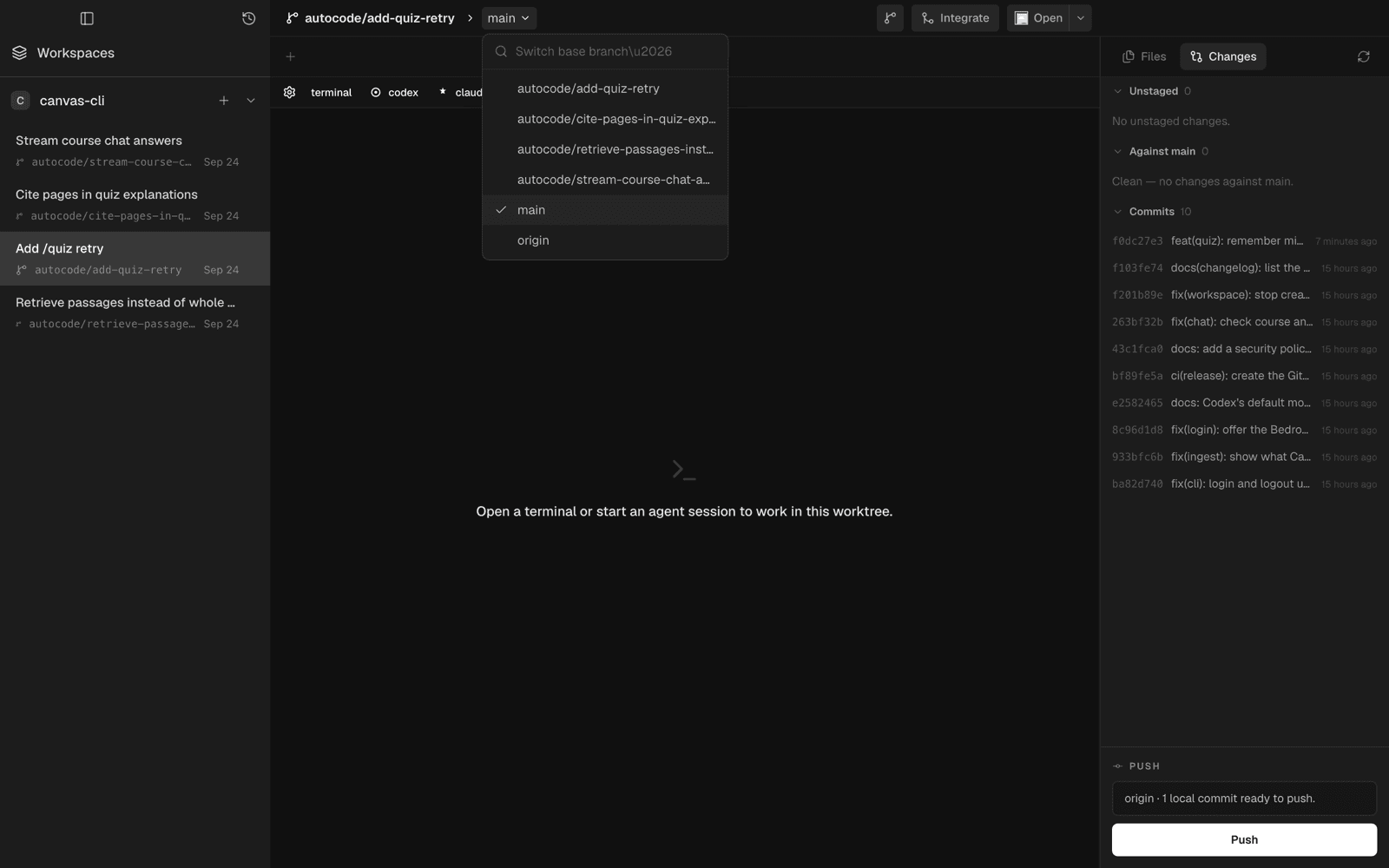 The base branch picker open over a task, listing the other task branches and main, with the push panel showing one local commit ready.