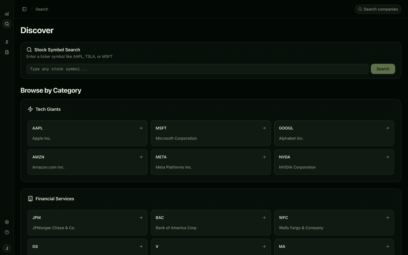 The Indus Discover page with symbol search and companies grouped by category, starting with Tech Giants and Financial Services.