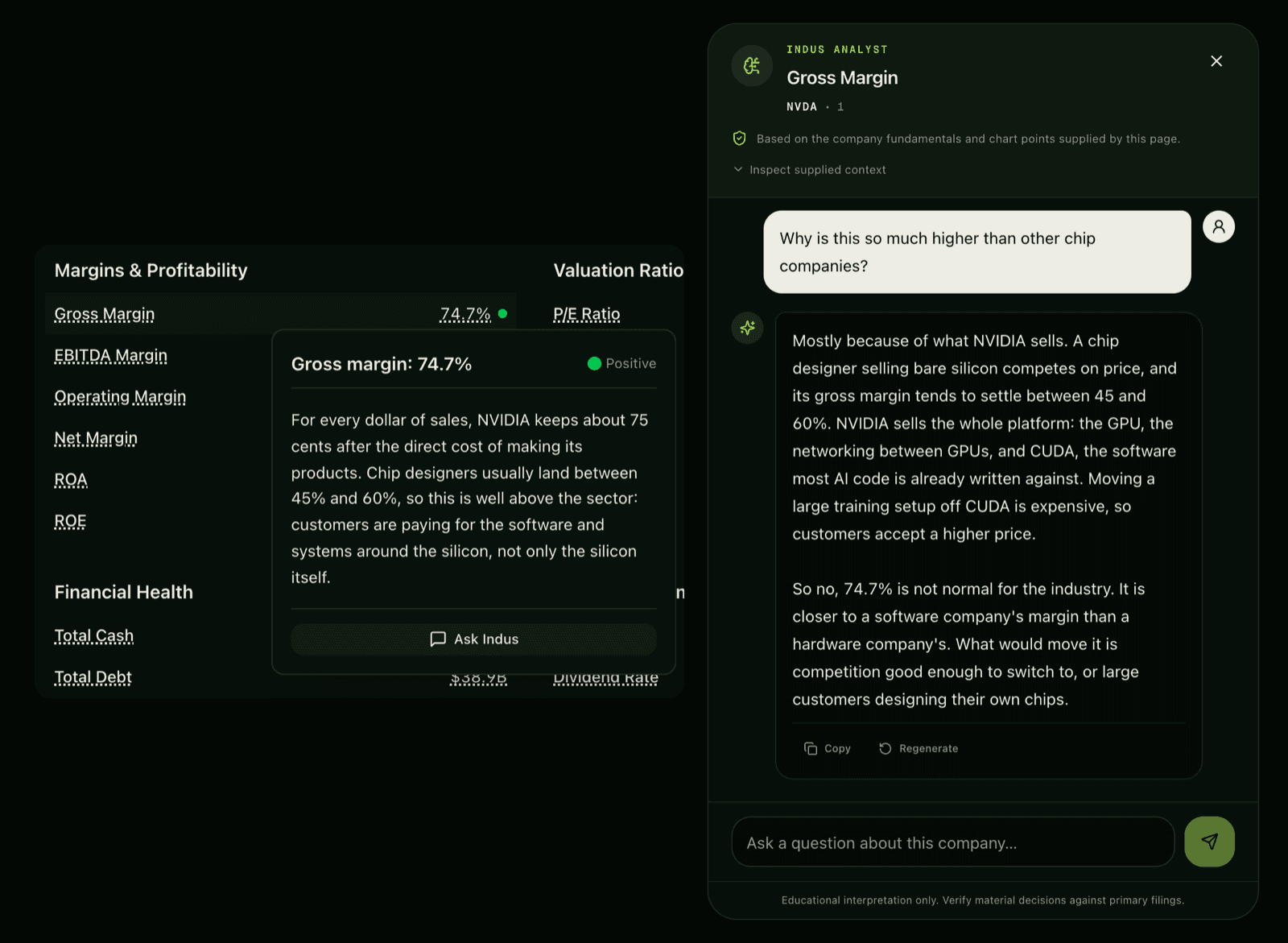 A hover card explaining NVIDIA's 74.7% gross margin, beside the Indus Analyst chat scoped to Gross Margin answering why it is higher than other chip companies.