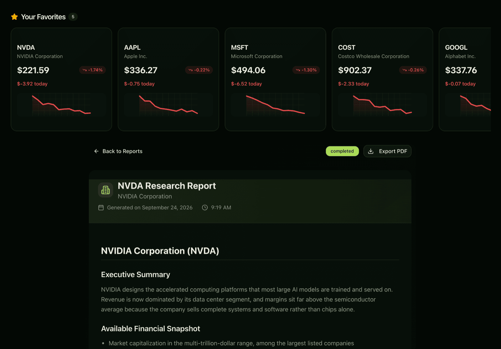 A row of favorited companies with prices and sparklines, above a generated NVIDIA research report.