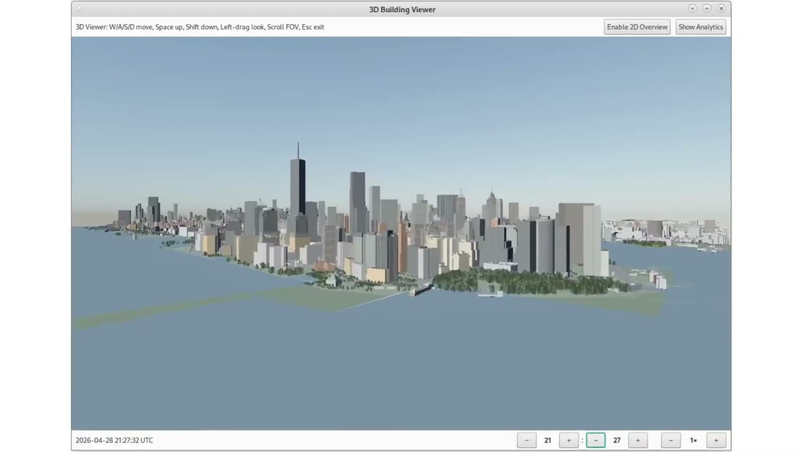 Lower Manhattan rendered in the 3D viewer from the harbour, with the skyline at its real heights.