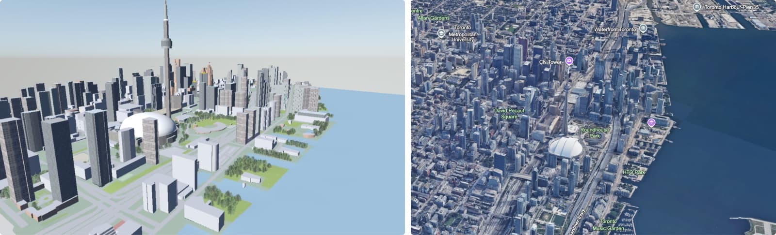 A mockup of the renderer with a new white tower inserted into Toronto's skyline, beside a Google Earth view of the same area.