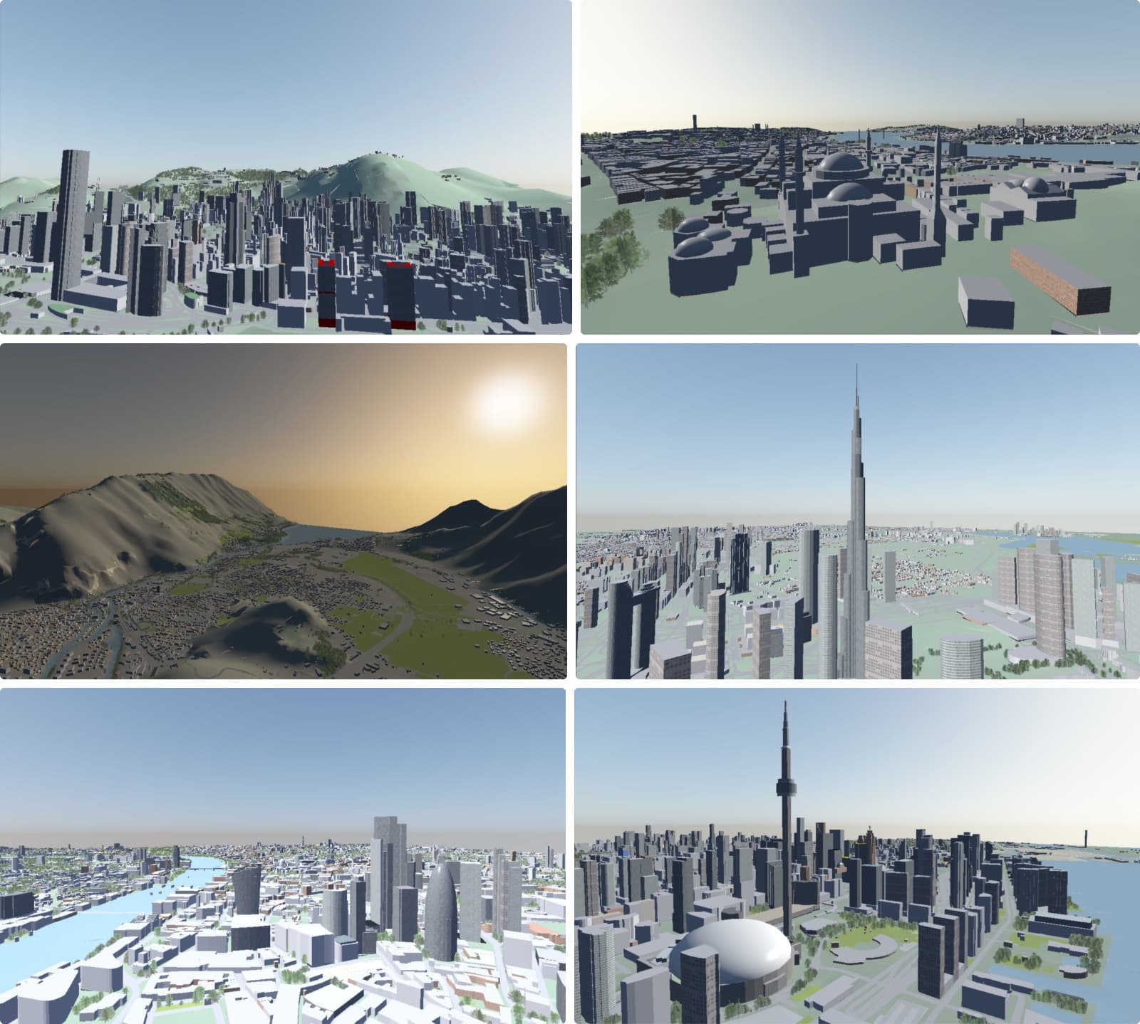 Six renders of different cities: a mountain-backed city, a city of domed mosques, a valley at sunset, a skyline with a supertall tower, a riverside city, and Toronto with the CN Tower.