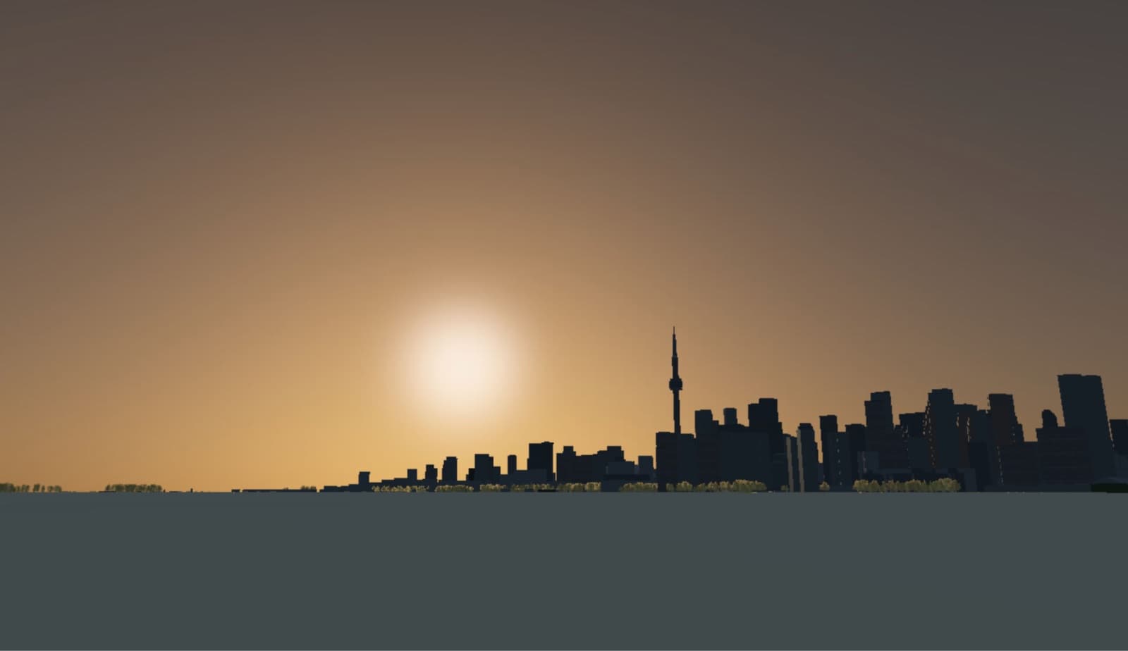 Mapper's 3D viewer at sunset: the Toronto skyline and the CN Tower in silhouette against an orange sky, rendered from the lake.