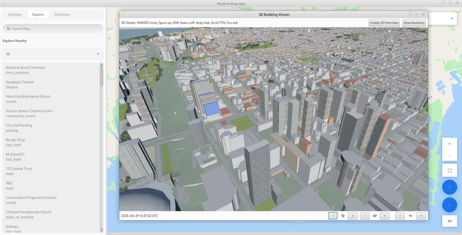 The 3D viewer opened over a second restaurant's building in a dense part of downtown Toronto.