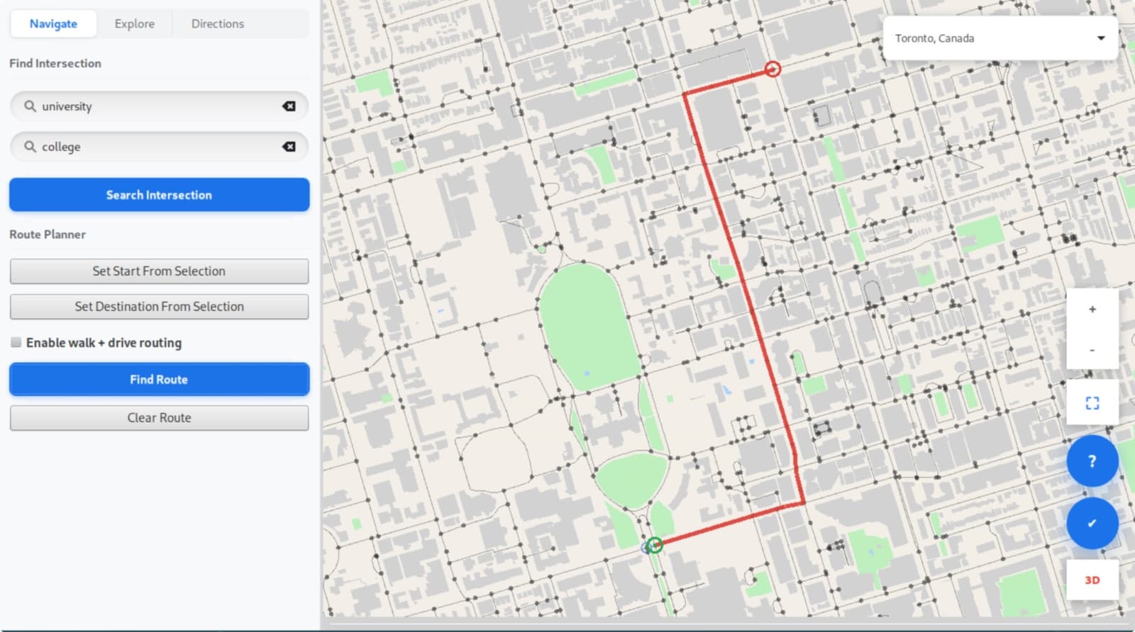 The 2D map of Toronto around Queen's Park with the Navigate tab open, intersection search, a route planner, and a red route drawn on the map.
