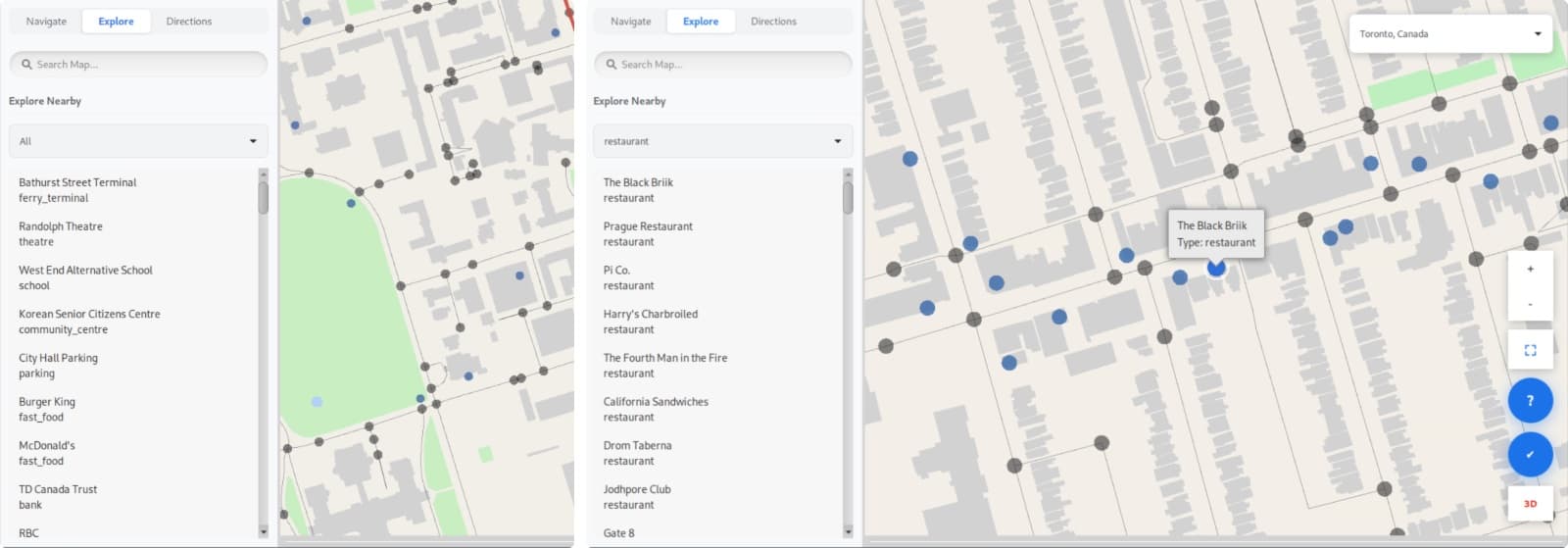 Two Explore tab screenshots: a list of nearby places of every type, and a list filtered to restaurants with one selected and labelled on the map.