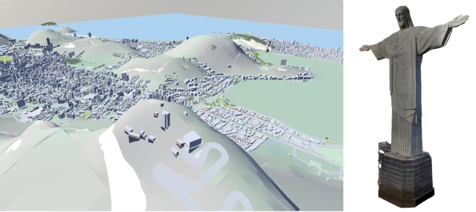 Rio de Janeiro rendered with an empty peak where Christ the Redeemer should be, beside a 3D model of the statue.