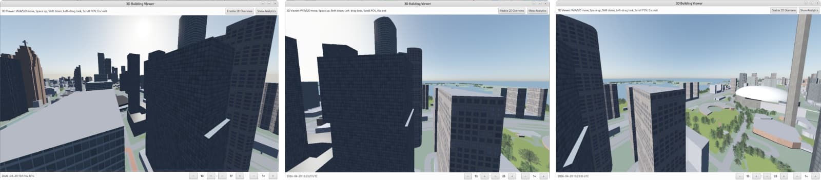 Three views from the rooftop: blocked by a dark tower to the southeast, blocked to the south, and open to the southwest over the stadium and the lake.