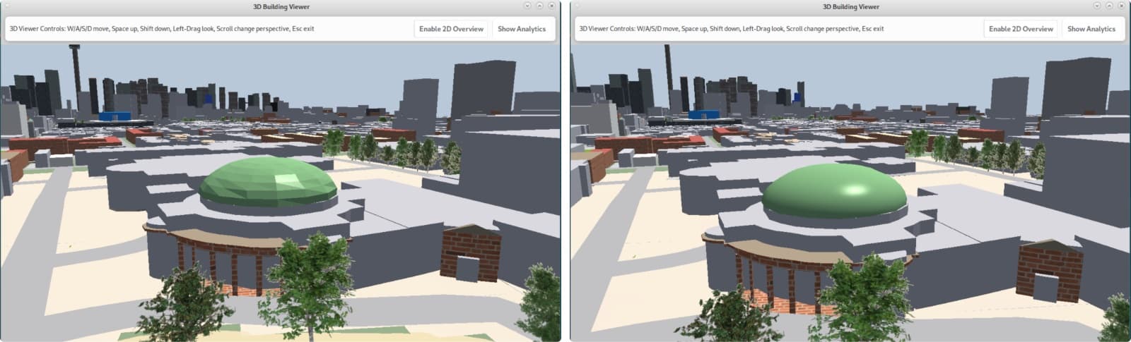 A domed building rendered twice: faceted on the left with flat shading, smooth on the right with interpolated normals.