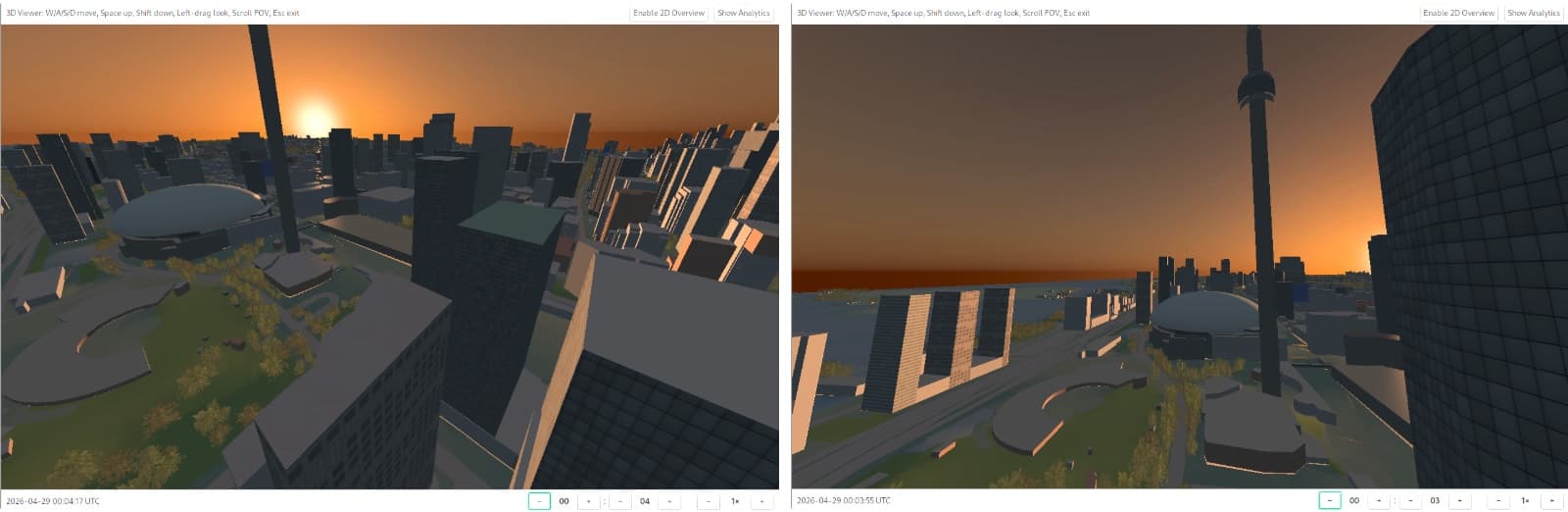 Two sunset views from the rooftop: the sun low beside the CN Tower, and the same sun hidden behind the adjacent building.