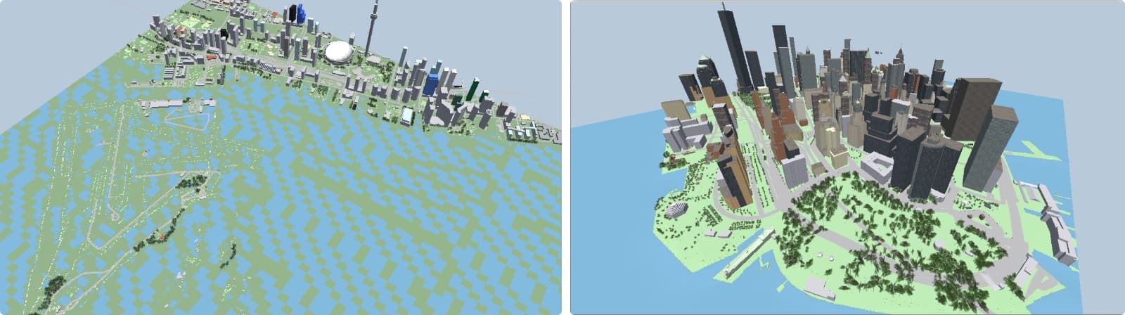 Two renders: on the left, parks and terrain flicker through each other in a speckled pattern; on the right, the same city with clean green areas over the terrain.
