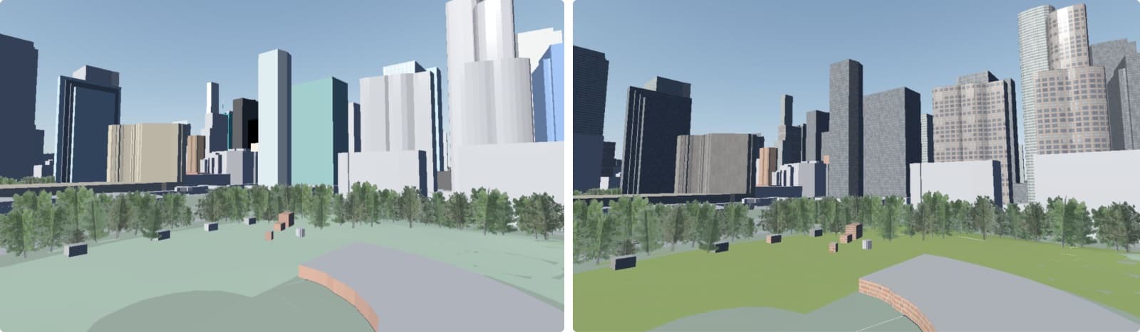 The same street-level view of a skyline in flat colours on the left and with brick, glass, and concrete facades on the right.