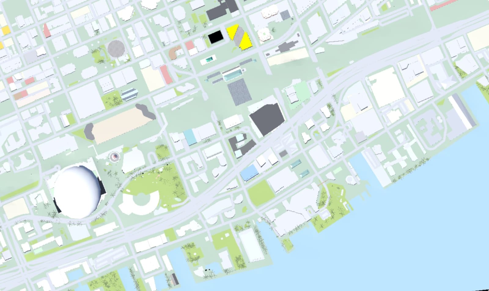 The overview mode of downtown Toronto with the missing streetcar and train tracks drawn in by hand.