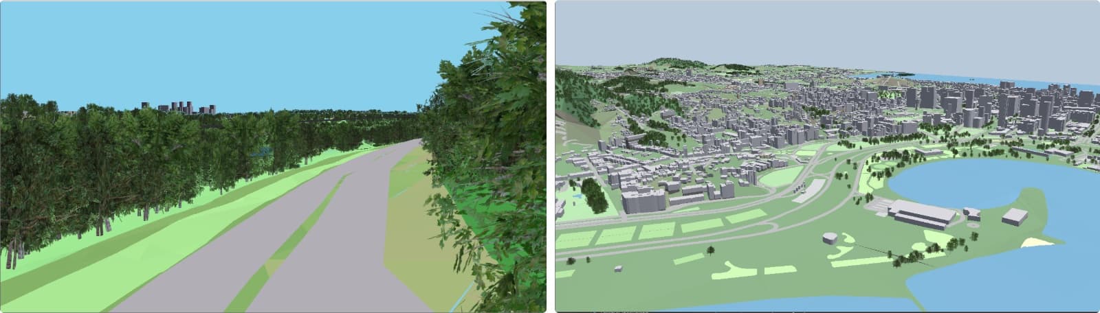 Two renders: a road through dense trees at ground level, and an aerial view of a shoreline with parks full of trees.