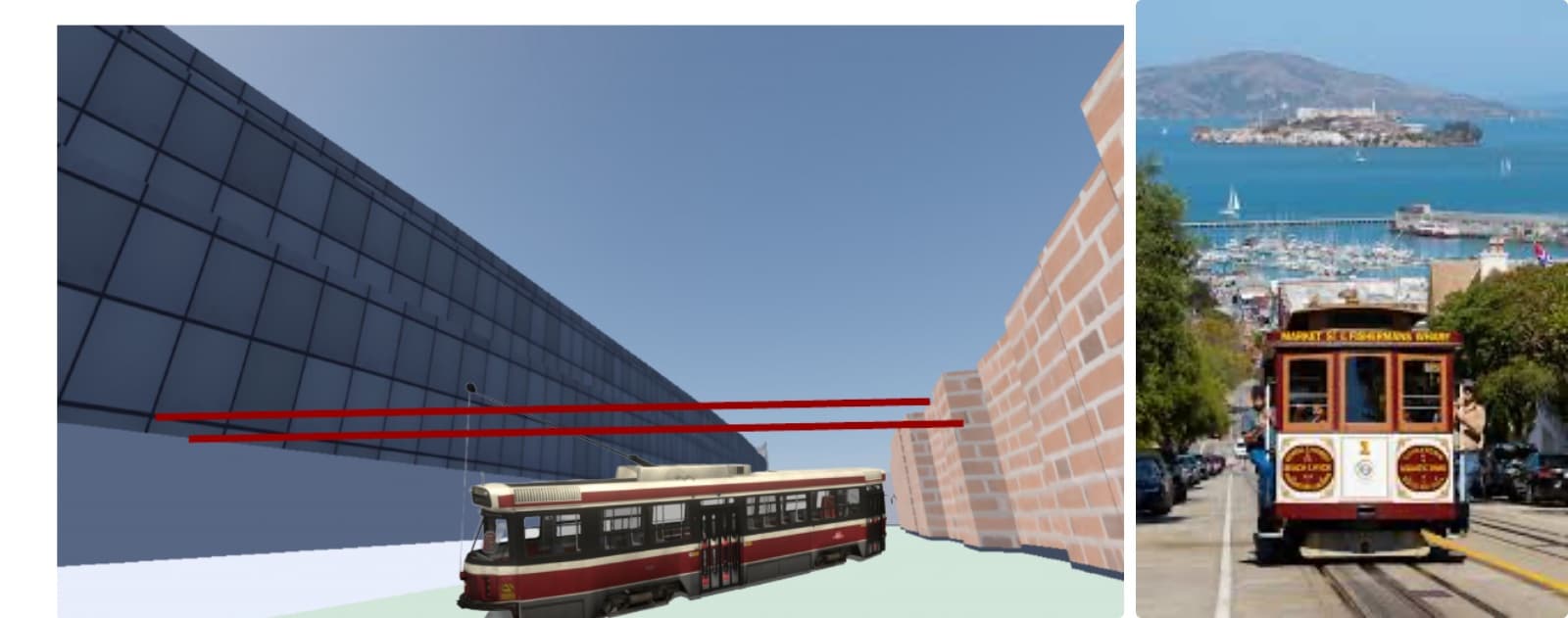 A mockup of a Toronto streetcar in the renderer beneath overhead wires, beside a photo of a San Francisco cable car.