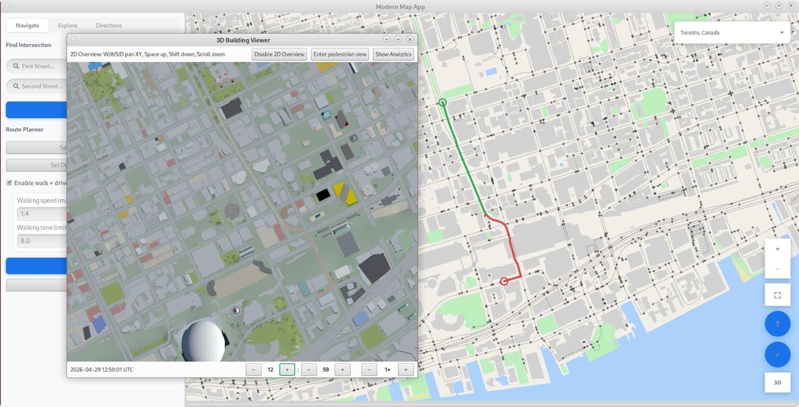 The 3D viewer in 2D overview mode showing the rail corridor from above, beside the 2D map with the walking route in green and red.