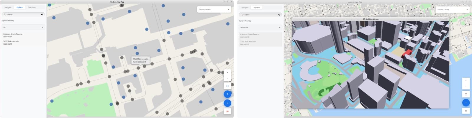 The Explore tab filtered to restaurants near downtown Toronto, and the 3D viewer opened over the chosen restaurant's building.