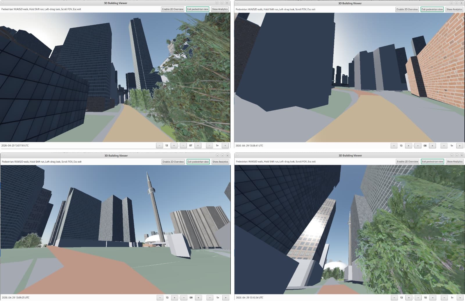 Four pedestrian-mode views along the walk: between towers and trees, past a brick building, crossing toward the CN Tower, and looking up at it through the trees.