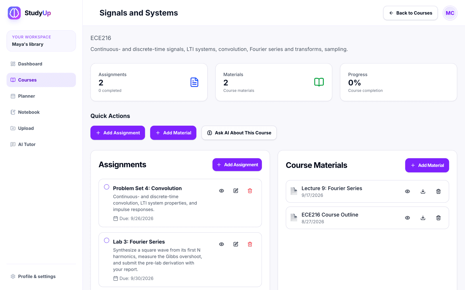 The StudyUp course page for Signals and Systems, with its assignments, course materials, and quick actions.