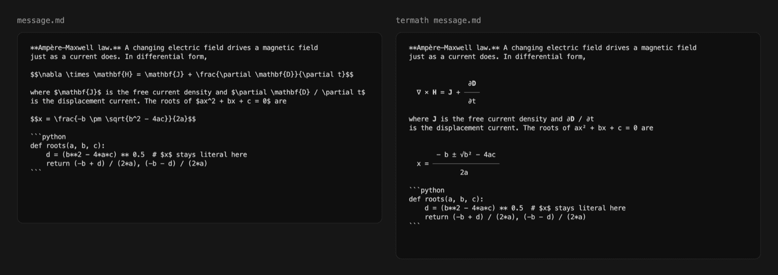 A Markdown message with LaTeX on the left, and the same message after termath on the right, with the equations typeset in Unicode and the Python code block unchanged.